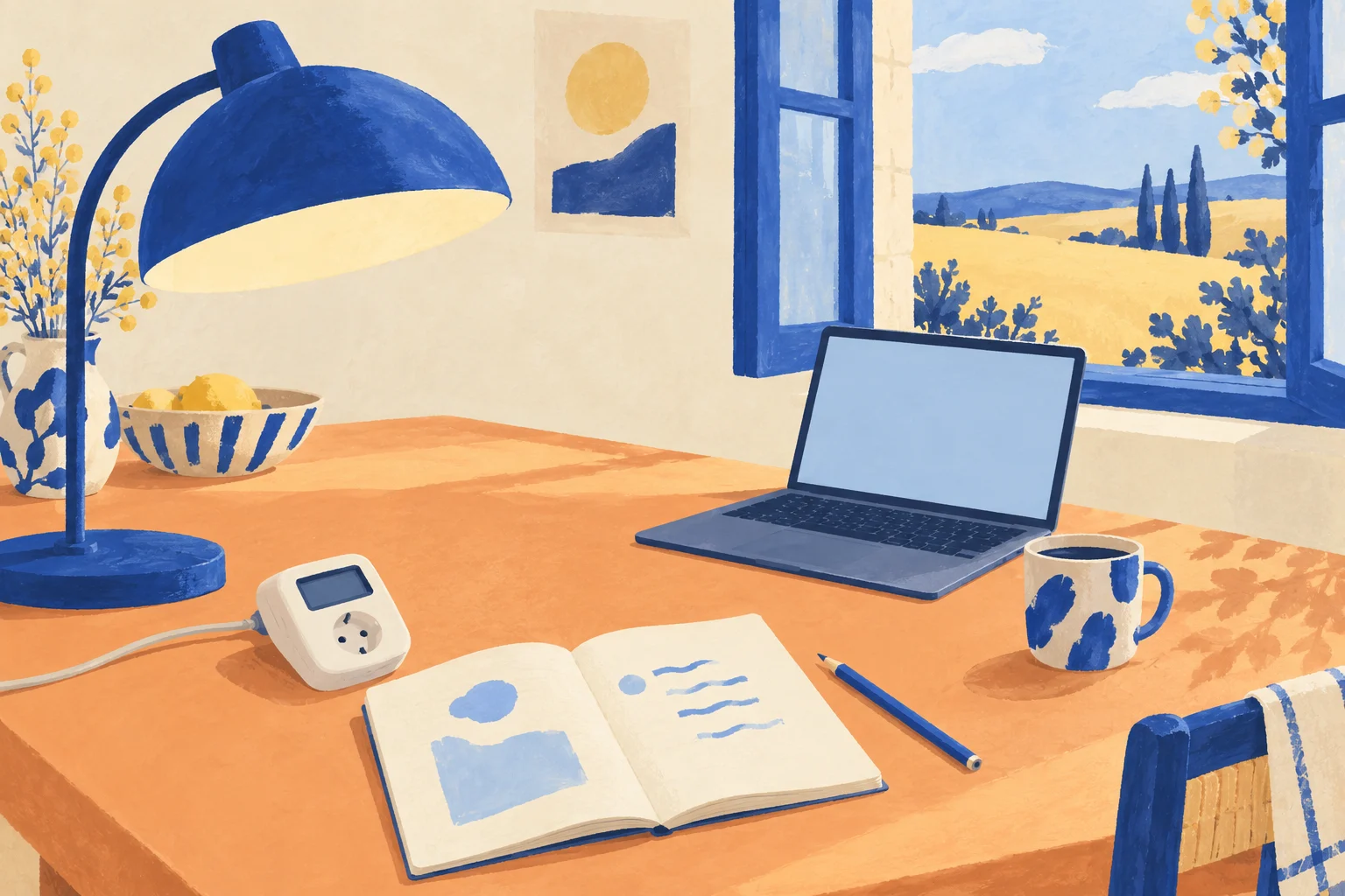 Un carnet, un wattmètre et des appareils du quotidien sur une table près d’une fenêtre ouverte.